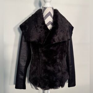 Vera Wang Fur Collar Mixed Media Coat